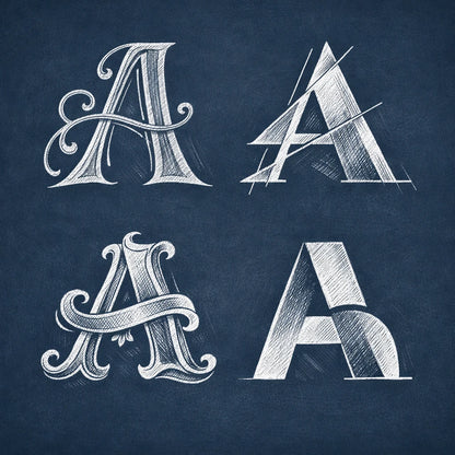 2x2 grid showing four stylized chalk letterform explorations of the letter "A" on a navy chalkboard background with balanced margins.