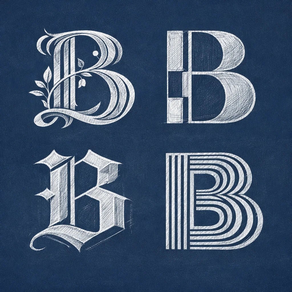 2x2 grid showing four stylized chalk letterform explorations of the letter "B" on a navy chalkboard background with balanced margins.