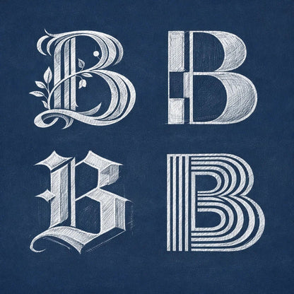 2x2 grid showing four stylized chalk letterform explorations of the letter "B" on a navy chalkboard background with balanced margins.