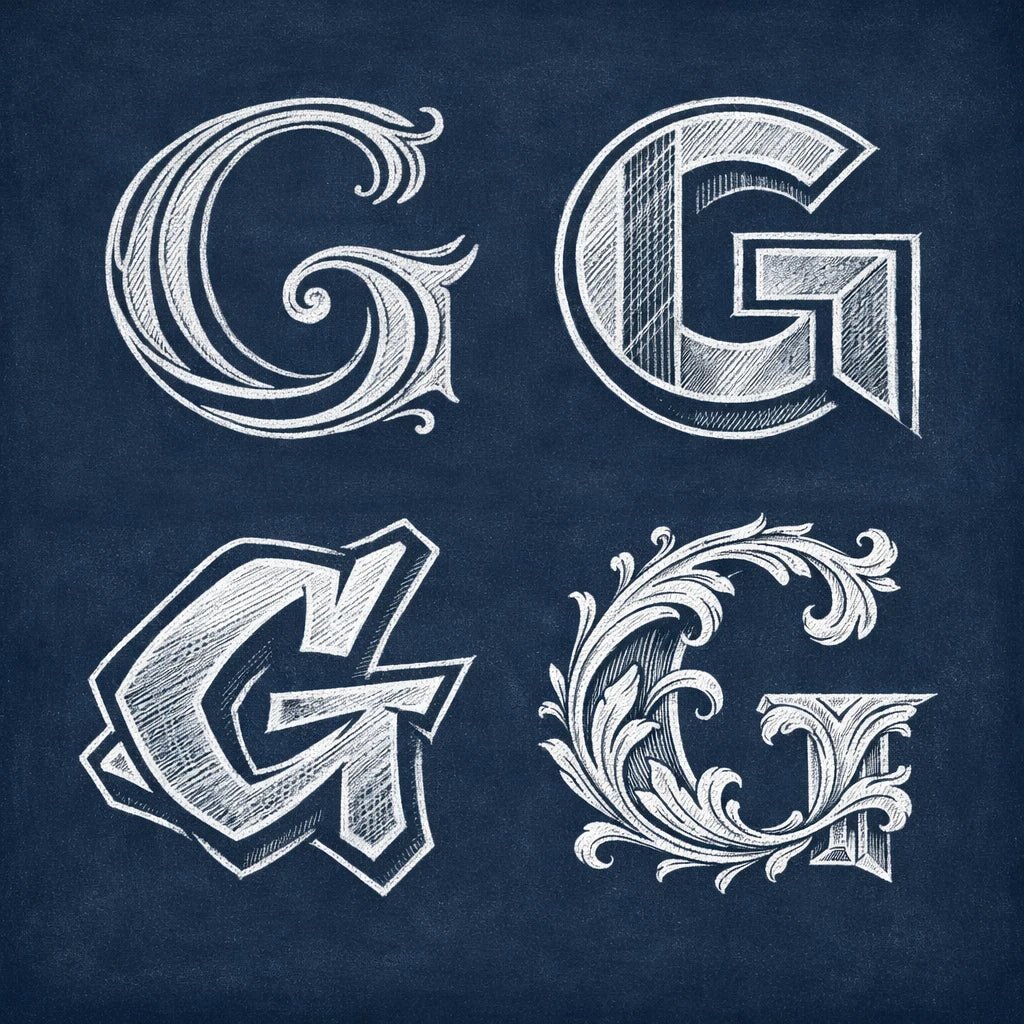2x2 grid showing four stylized chalk letterform explorations of the letter "G" on a navy chalkboard background with balanced margins.