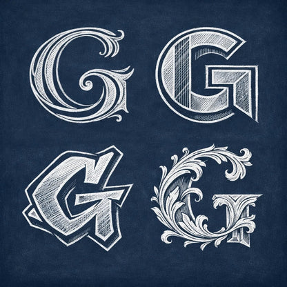 2x2 grid showing four stylized chalk letterform explorations of the letter "G" on a navy chalkboard background with balanced margins.
