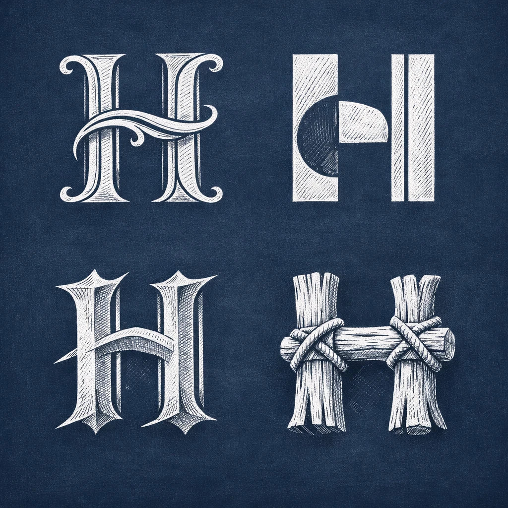 2x2 grid showing four stylized chalk letterform explorations of the letter "H" on a navy chalkboard background with balanced margins.