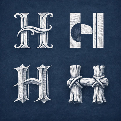 2x2 grid showing four stylized chalk letterform explorations of the letter "H" on a navy chalkboard background with balanced margins.