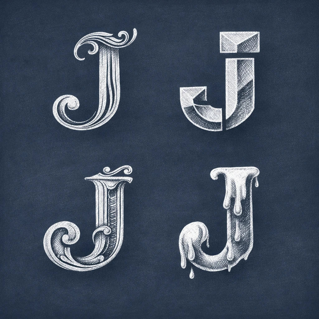 2x2 grid showing four stylized chalk letterform explorations of the letter "J" on a navy chalkboard background with balanced margins.