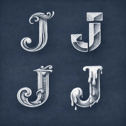 2x2 grid showing four stylized chalk letterform explorations of the letter "J" on a navy chalkboard background with balanced margins.
