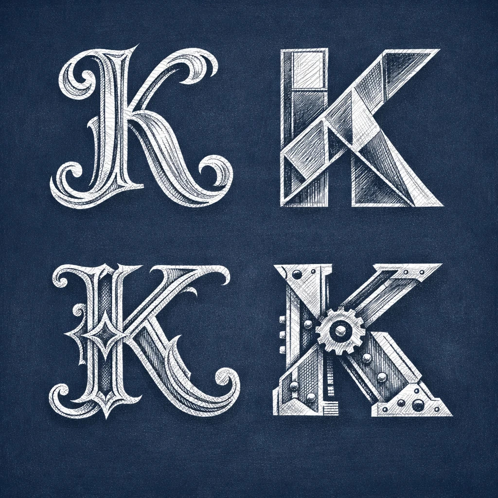 2x2 grid showing four stylized chalk letterform explorations of the letter "K" on a navy chalkboard background with balanced margins.