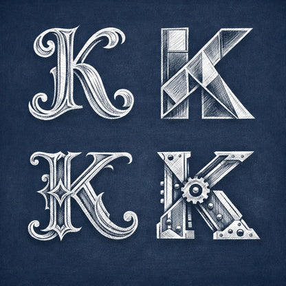 2x2 grid showing four stylized chalk letterform explorations of the letter "K" on a navy chalkboard background with balanced margins.