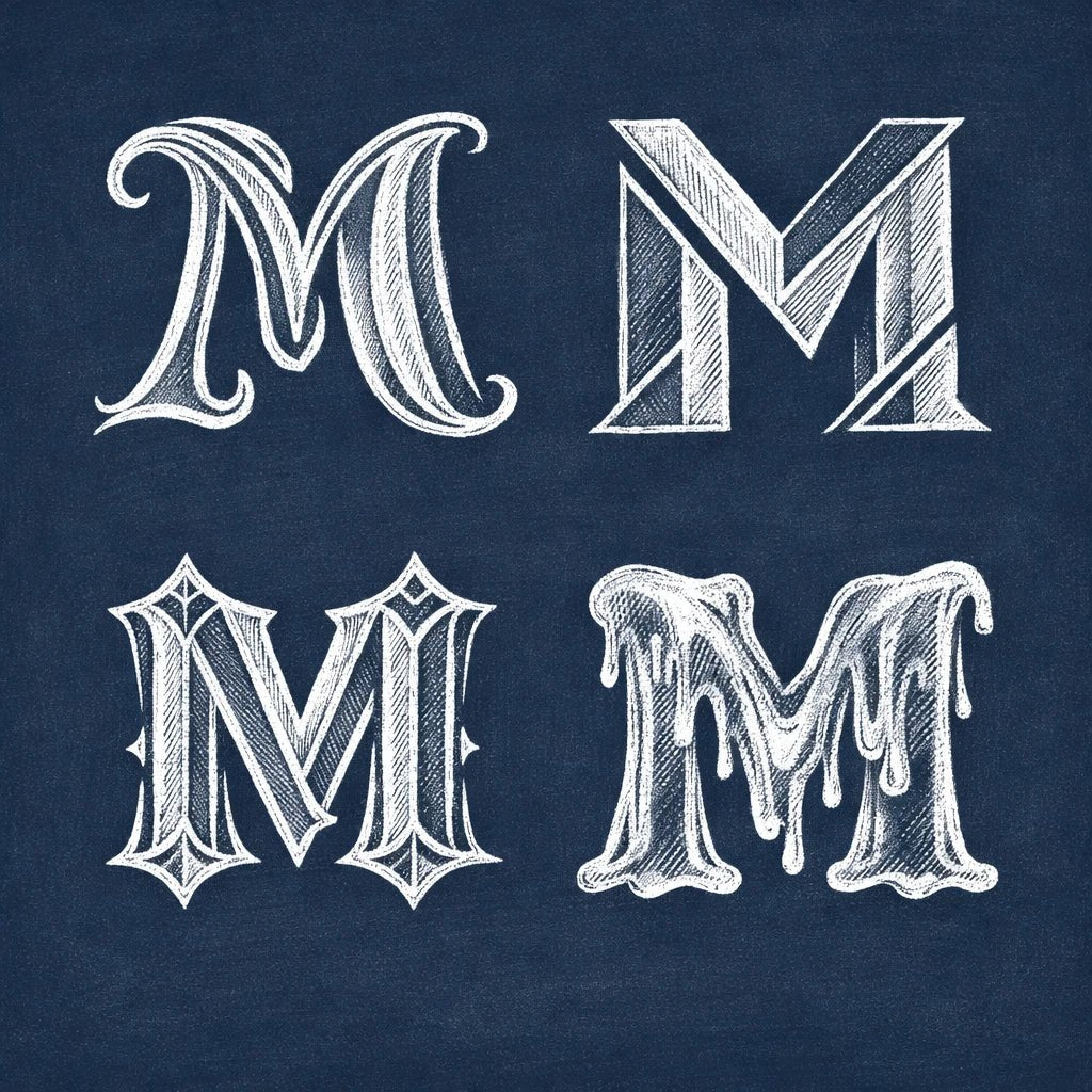 2x2 grid showing four stylized chalk letterform explorations of the letter "M" on a navy chalkboard background with balanced margins.