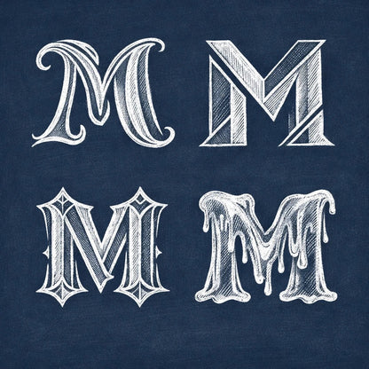 2x2 grid showing four stylized chalk letterform explorations of the letter "M" on a navy chalkboard background with balanced margins.