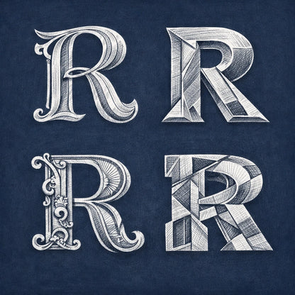 2x2 grid showing four stylized chalk letterform explorations of the letter "R" on a navy chalkboard background with balanced margins.