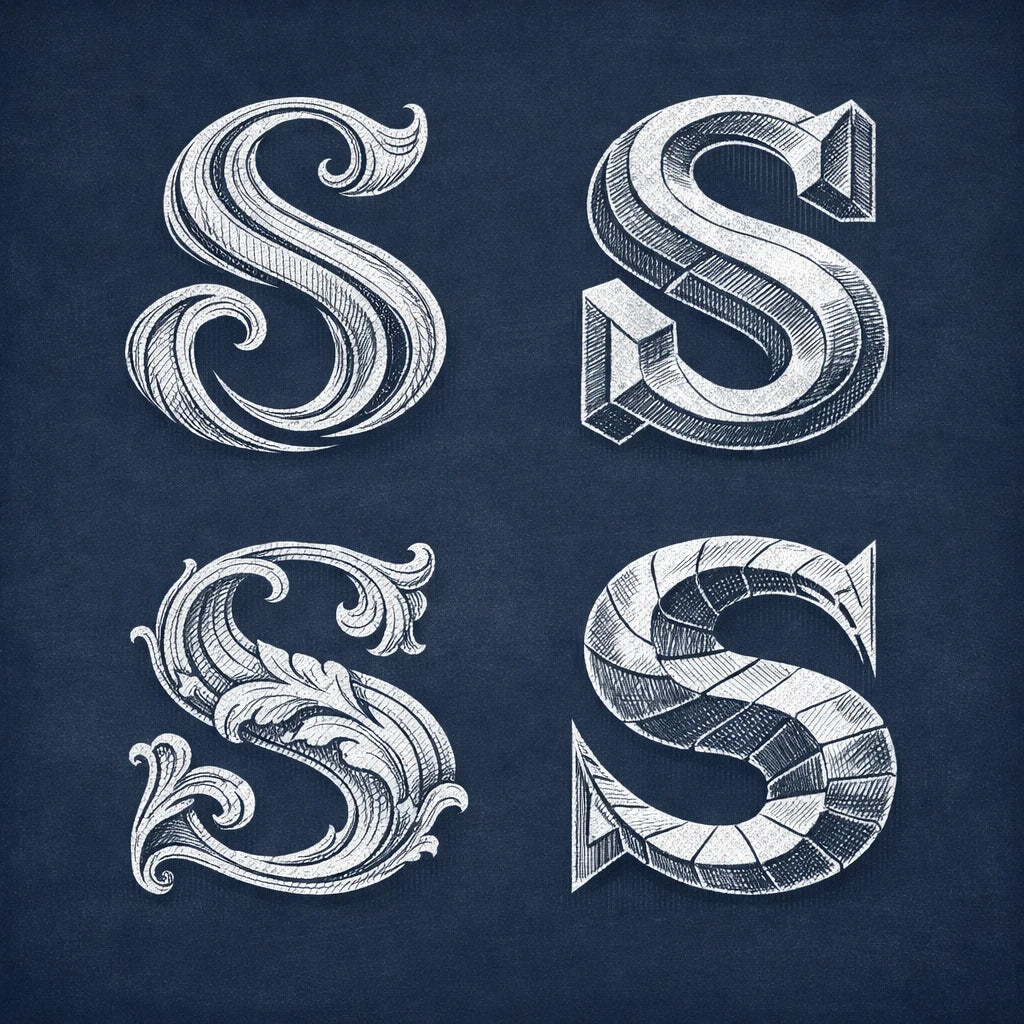2x2 grid showing four stylized chalk letterform explorations of the letter "S" on a navy chalkboard background with balanced margins.