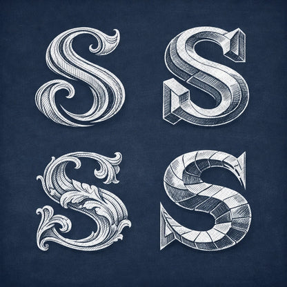 2x2 grid showing four stylized chalk letterform explorations of the letter "S" on a navy chalkboard background with balanced margins.