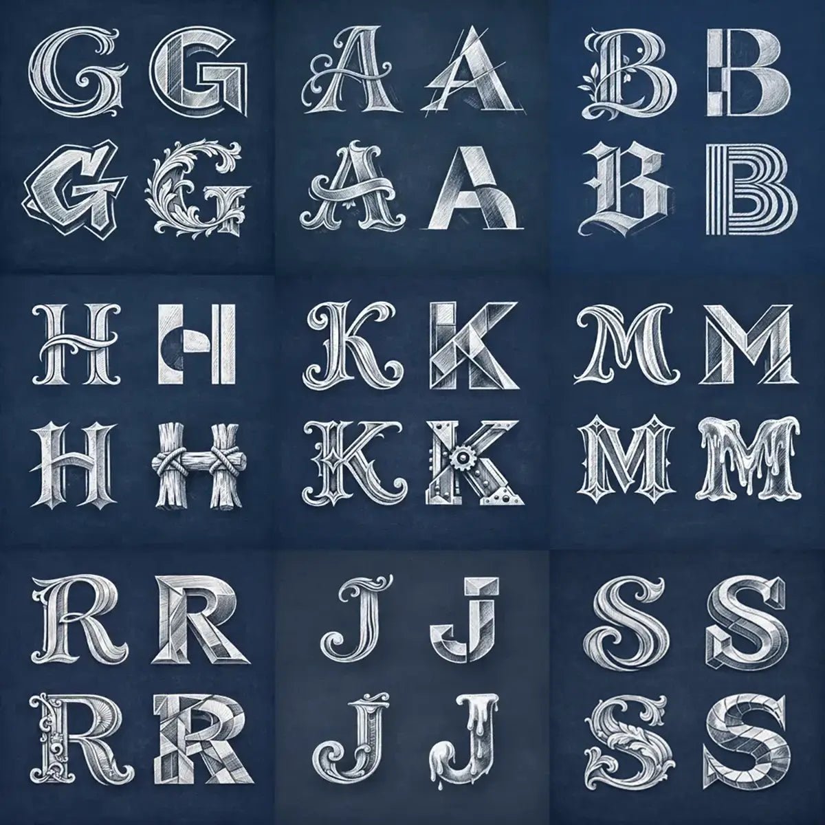 Example output from the Creative Chalkboard Letterform Study ChatGPT prompt: a clean 2x2 grid showing four stylized chalk letterform explorations on a navy chalkboard background with balanced margins.