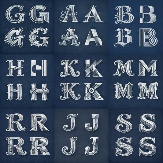 Example output from the Creative Chalkboard Letterform Study ChatGPT prompt: a clean 2x2 grid showing four stylized chalk letterform explorations on a navy chalkboard background with balanced margins.