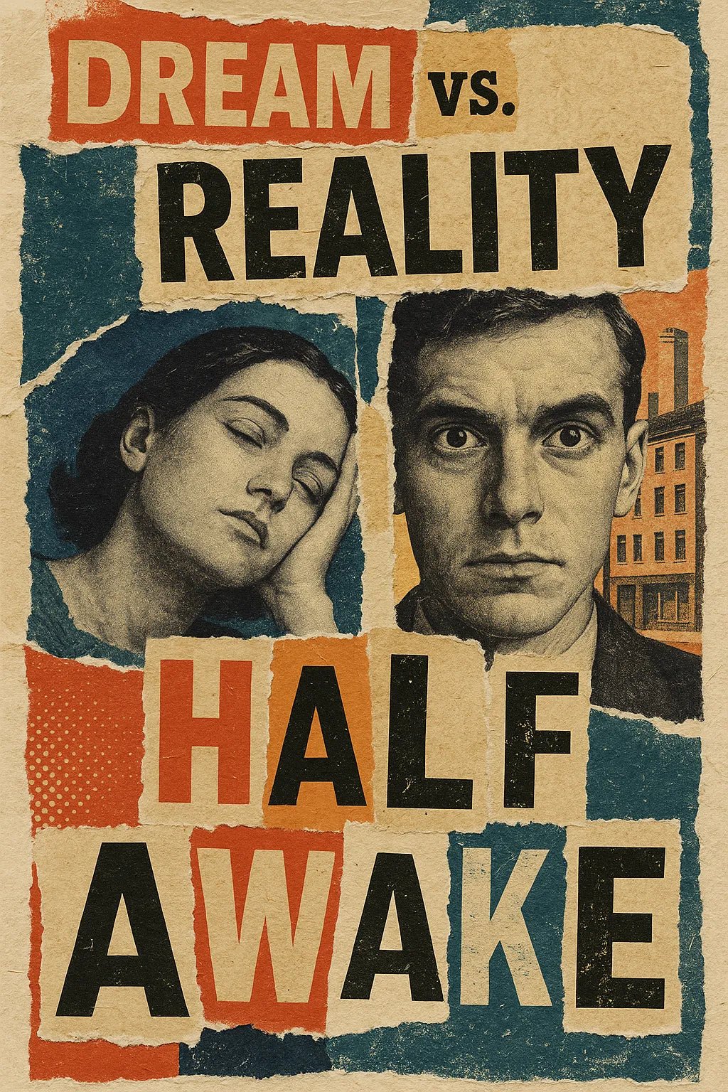 Example output from the Creative Magazine Cutout Collages ChatGPT prompt: Half Awake.