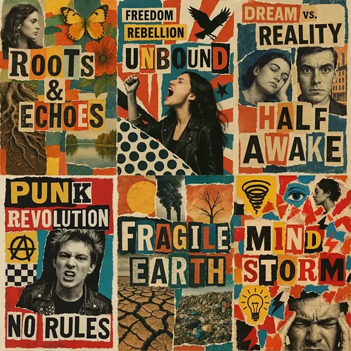 Example output from the Creative Magazine Cutout Collages ChatGPT prompt: expressive, layered photo collage with torn paper textures, type cutouts, and vintage editorial composition.