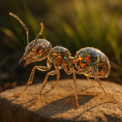 Example output from the Crystal-Clear Cyber Animals ChatGPT prompt: transparent animal sculptures with glowing tech interior. Ant.