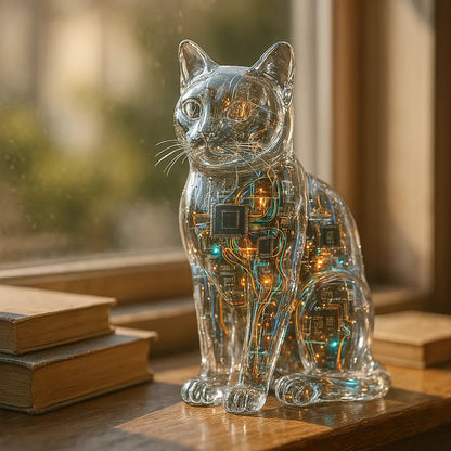 Example output from the Crystal-Clear Cyber Animals ChatGPT prompt: transparent animal sculptures with glowing tech interior. Cat.