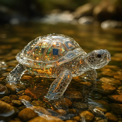 Example output from the Crystal-Clear Cyber Animals ChatGPT prompt: transparent animal sculptures with glowing tech interior. Turtle.