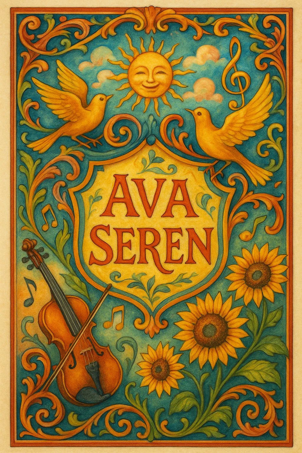 Example output from the Custom Crest Bookplates ChatGPT prompt: surrealist bookplate designs with ornate crests, personalized names, intricate symbolism, and vintage-style layout—ideal for collectors and creative gifting. Ava Seren.
