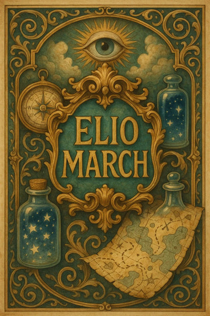 Example output from the Custom Crest Bookplates ChatGPT prompt: surrealist bookplate designs with ornate crests, personalized names, intricate symbolism, and vintage-style layout—ideal for collectors and creative gifting. Elio March.