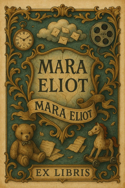 Example output from the Custom Crest Bookplates ChatGPT prompt: surrealist bookplate designs with ornate crests, personalized names, intricate symbolism, and vintage-style layout—ideal for collectors and creative gifting. Mara Eliot.