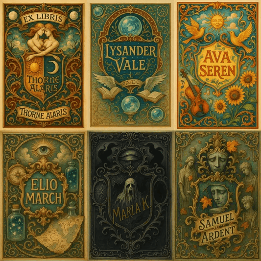 Example output from the Custom Crest Bookplates ChatGPT prompt: surrealist bookplate designs with ornate crests, personalized names, intricate symbolism, and vintage-style layout—ideal for collectors and creative gifting.