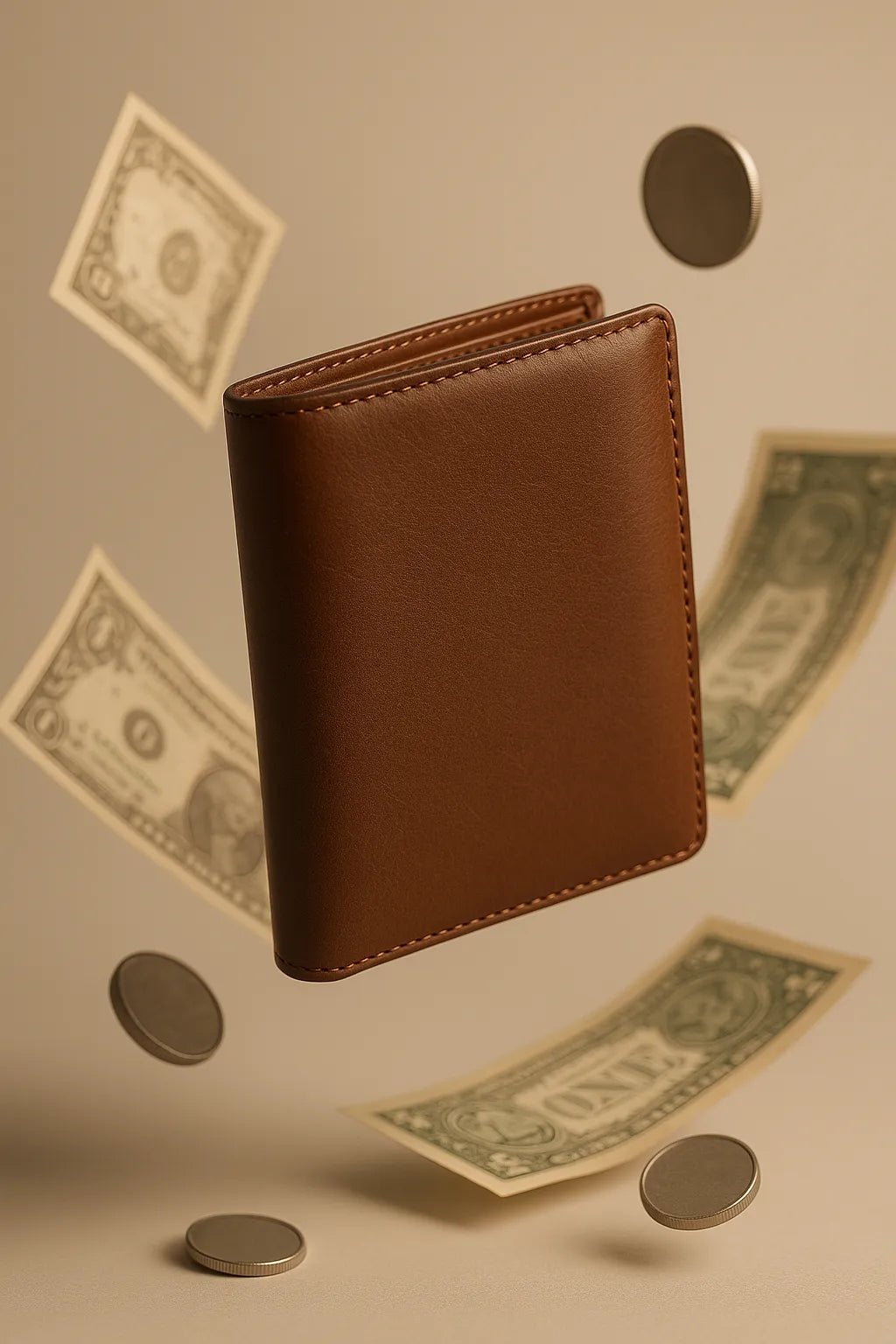 Example output from the Custom Floating Product Showcases ChatGPT prompt: premium floating product scene. Wallet.