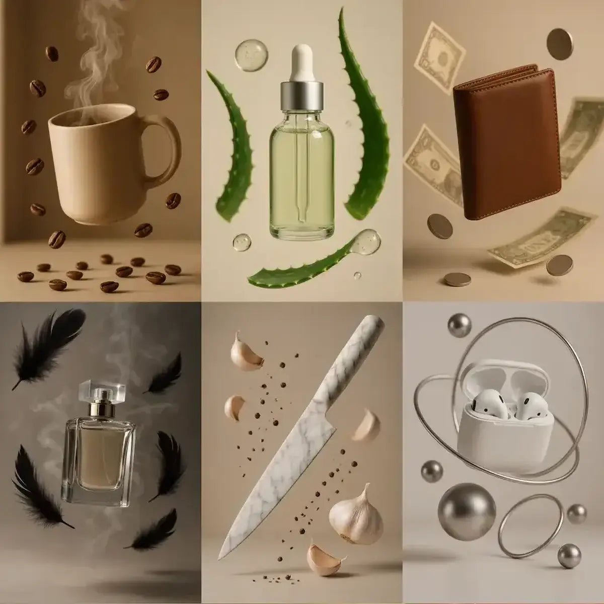Example output from the Custom Floating Product Showcases ChatGPT prompt: premium floating product scenes with soft lighting, clean editorial style, neutral backdrops, and no labels or text—perfect for polished ad visuals.