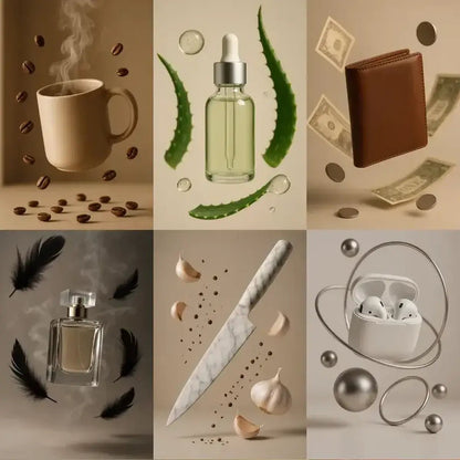Example output from the Custom Floating Product Showcases ChatGPT prompt: premium floating product scenes with soft lighting, clean editorial style, neutral backdrops, and no labels or text—perfect for polished ad visuals.