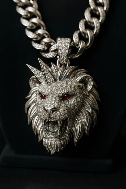 Example output from the Custom Iced Diamond & Ruby Pendant Shot ChatGPT prompt: Lion Head.
