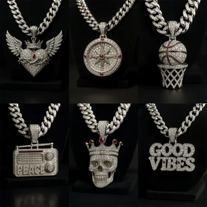 Example output from the Custom Iced Diamond & Ruby Pendant Shot ChatGPT prompt: hyper-detailed pendant renders in platinum and diamonds, featuring skulls, text logos, and icons under dramatic studio lighting with crisp reflections and shallow depth of field.