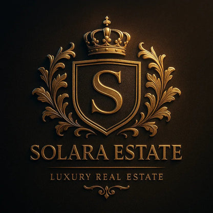 Example output from the Custom Luxury Brand Emblems ChatGPT prompt: elegant crest logos with embossed textures, soft lighting, dual-tone finishes, and regal symmetry—ideal for luxury branding. Solara Estate.