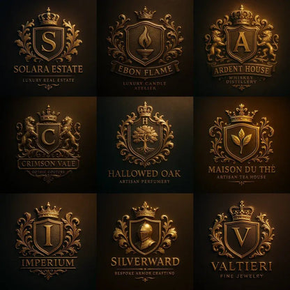 Example output from the Custom Luxury Brand Emblems ChatGPT prompt: elegant crest logos with embossed textures, soft lighting, dual-tone finishes, and regal symmetry—ideal for luxury branding.