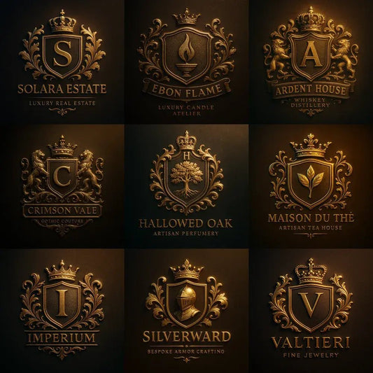 Example output from the Custom Luxury Brand Emblems ChatGPT prompt: elegant crest logos with embossed textures, soft lighting, dual-tone finishes, and regal symmetry—ideal for luxury branding.
