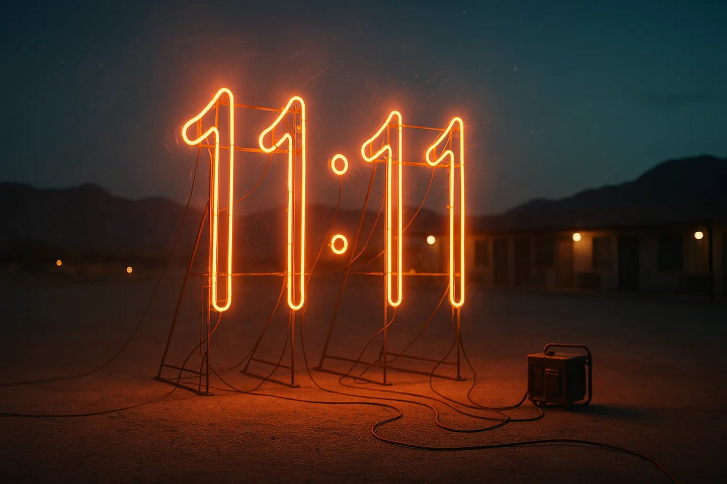 Example output from the Custom Neon Signs In Real Night Scenes ChatGPT prompt: glowing neon text sign. 11:11.