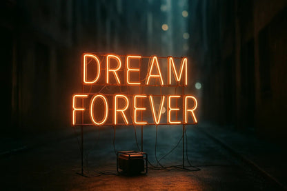 Example output from the Custom Neon Signs In Real Night Scenes ChatGPT prompt: glowing neon text sign. Dream forever.