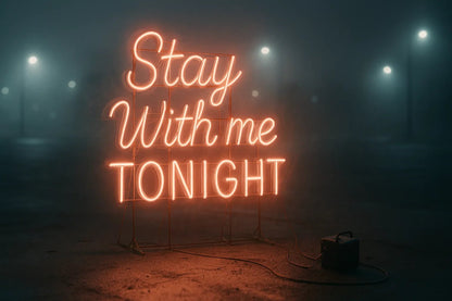 Example output from the Custom Neon Signs In Real Night Scenes ChatGPT prompt: glowing neon text sign. Stay with me tonight.