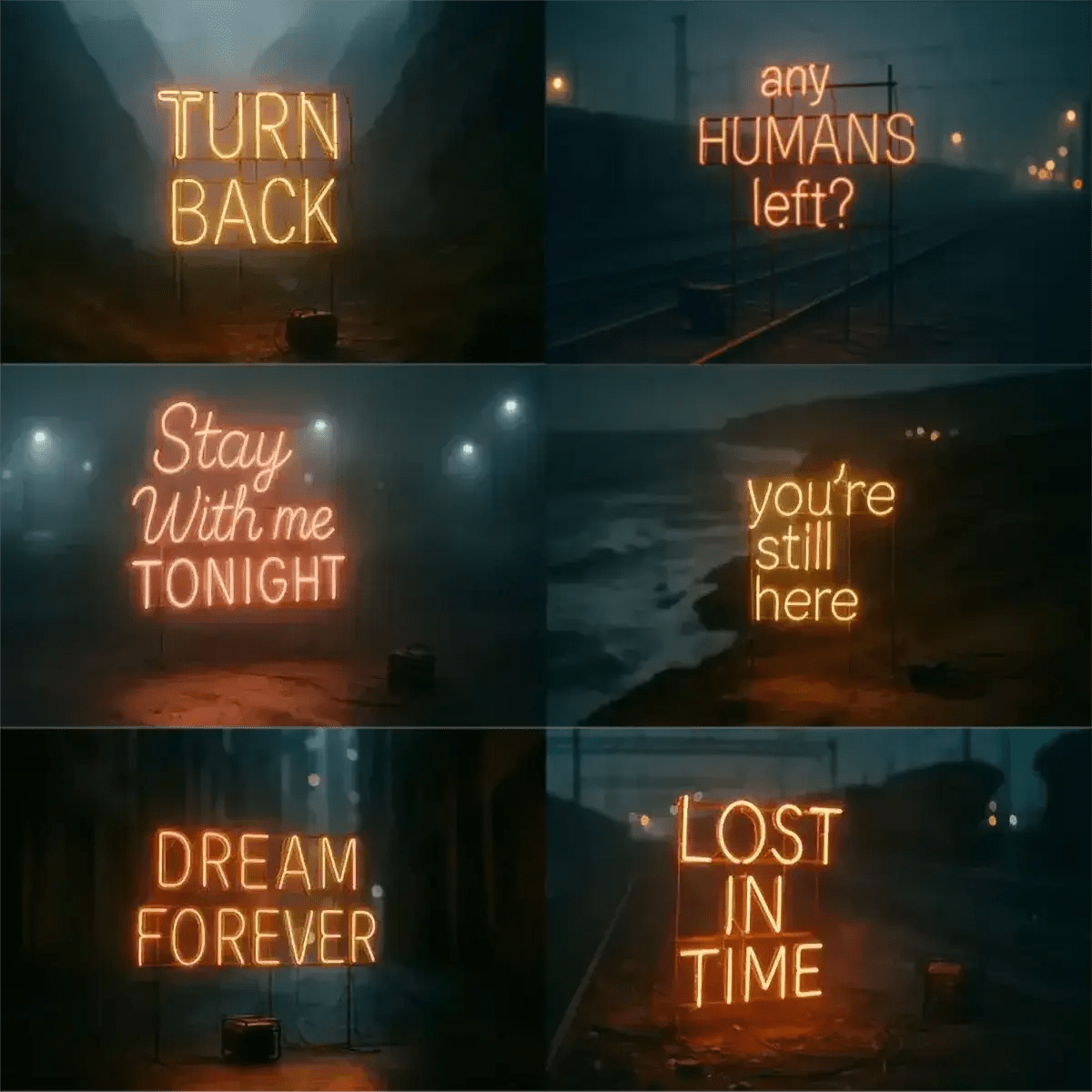 Example output from the Custom Neon Signs In Real Night Scenes ChatGPT prompt: glowing neon text signs in photoreal night environments, featuring cinematic blur, moody shadows, and bokeh light effects for surreal messaging.