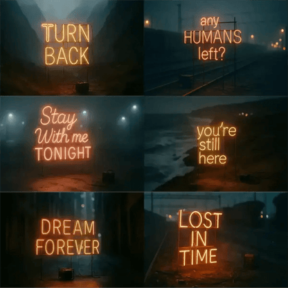 Example output from the Custom Neon Signs In Real Night Scenes ChatGPT prompt: glowing neon text signs in photoreal night environments, featuring cinematic blur, moody shadows, and bokeh light effects for surreal messaging.