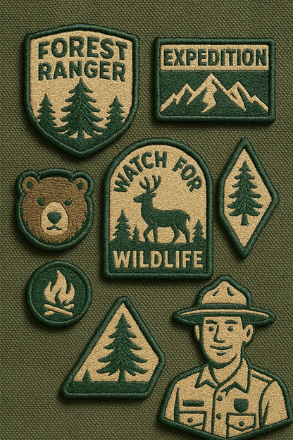 Example output from the Custom Patch Packs Generator ChatGPT prompt: collectible embroidered patch. Forest.