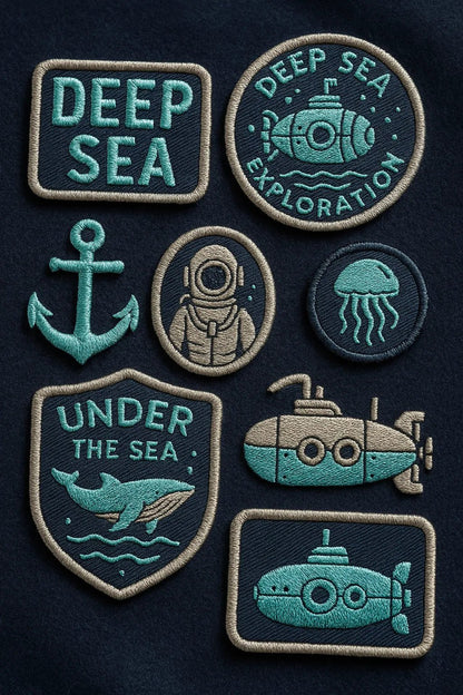 Example output from the Custom Patch Packs Generator ChatGPT prompt: collectible embroidered patch. Deep Sea.