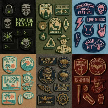 Example output from the Custom Patch Packs Generator ChatGPT prompt: collectible embroidered patches in themed sets, featuring stitched textures, vibrant palettes, realistic shadows, and diverse fabric backdrops.