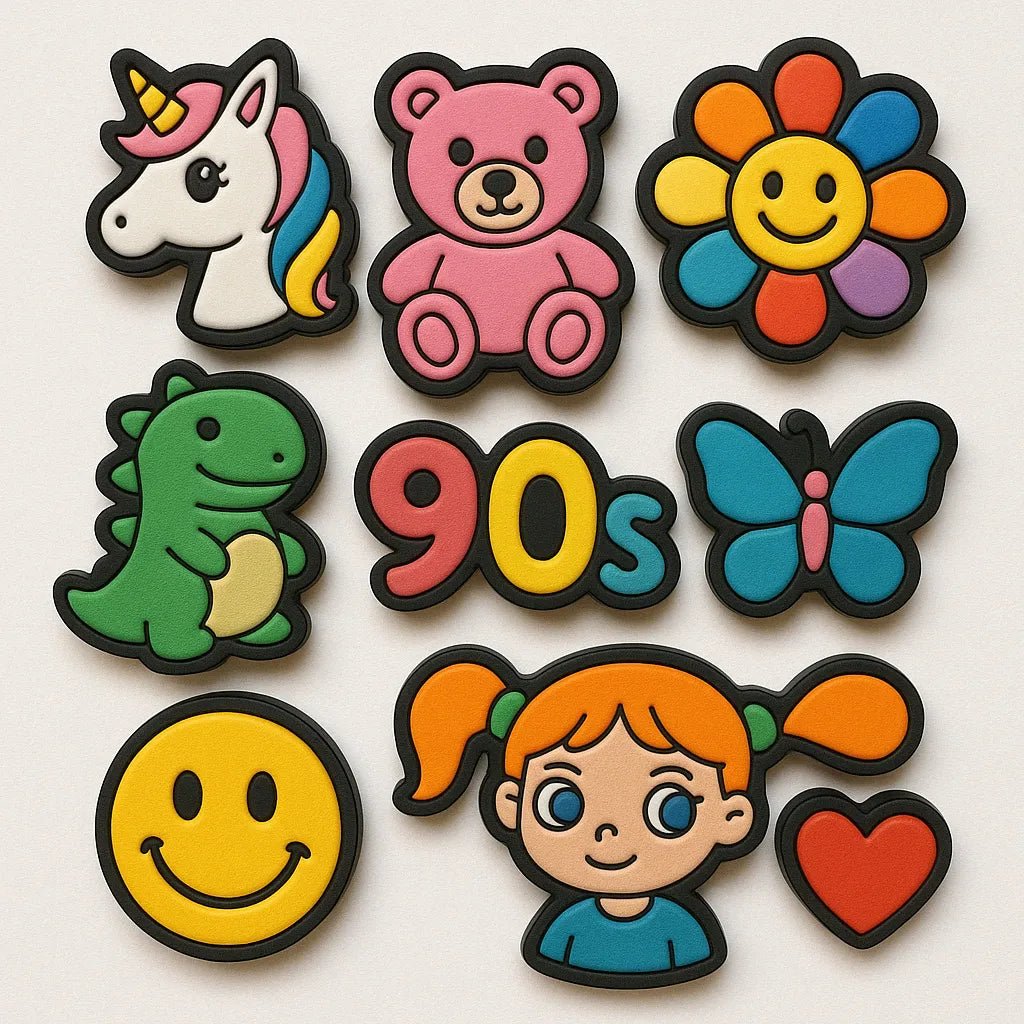 Example output from the Custom Rubber Charm Pack Makers ChatGPT prompt: playful rubber charms with bold cartoon designs, featuring expressive characters, spaced layout, and a clean white background for easy reuse. 90s.