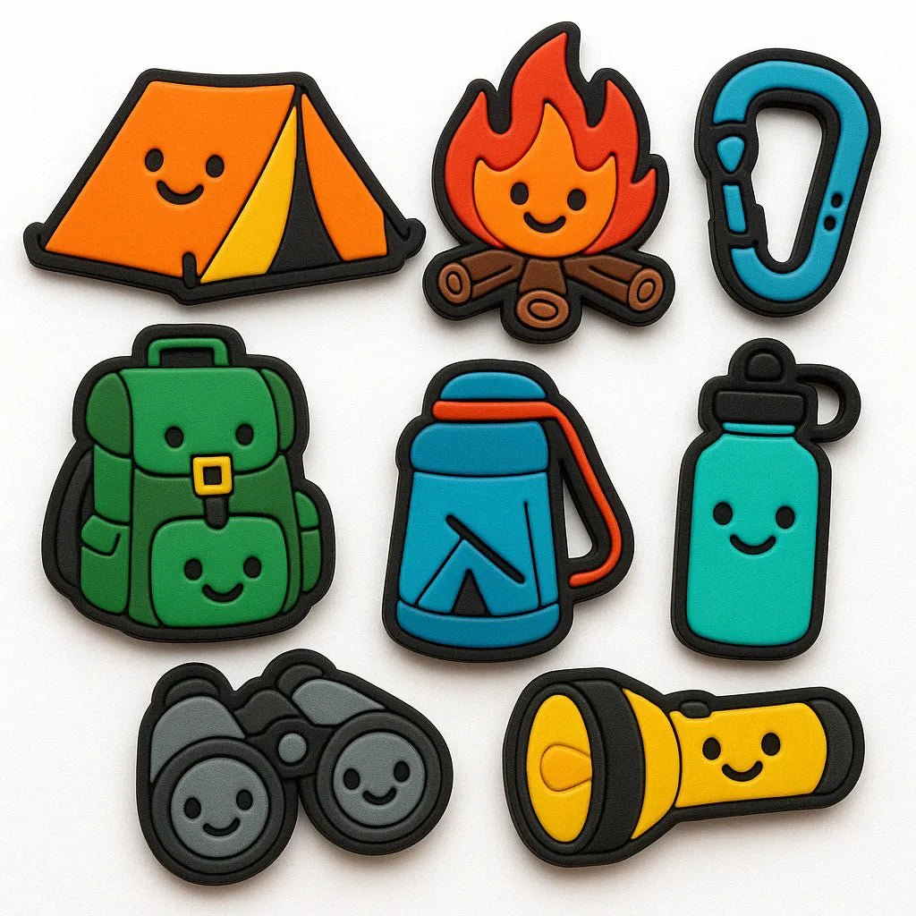 Example output from the Custom Rubber Charm Pack Makers ChatGPT prompt: playful rubber charms with bold cartoon designs, featuring expressive characters, spaced layout, and a clean white background for easy reuse. Camping.