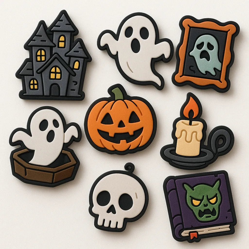 Example output from the Custom Rubber Charm Pack Makers ChatGPT prompt: playful rubber charms with bold cartoon designs, featuring expressive characters, spaced layout, and a clean white background for easy reuse. Halloween.