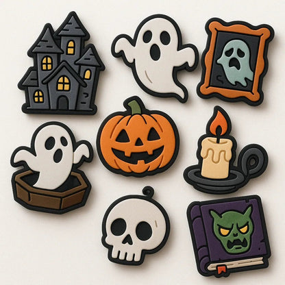 Example output from the Custom Rubber Charm Pack Makers ChatGPT prompt: playful rubber charms with bold cartoon designs, featuring expressive characters, spaced layout, and a clean white background for easy reuse. Halloween.