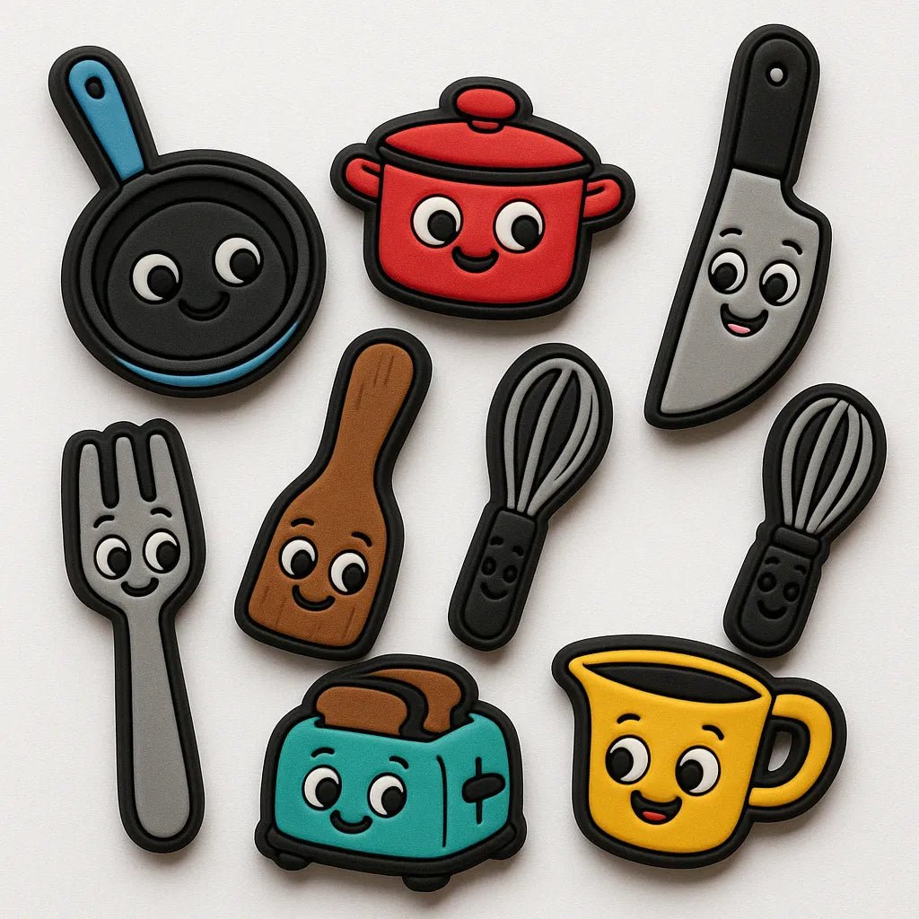 Example output from the Custom Rubber Charm Pack Makers ChatGPT prompt: playful rubber charms with bold cartoon designs, featuring expressive characters, spaced layout, and a clean white background for easy reuse. Kitchen Tools.