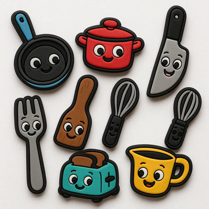 Example output from the Custom Rubber Charm Pack Makers ChatGPT prompt: playful rubber charms with bold cartoon designs, featuring expressive characters, spaced layout, and a clean white background for easy reuse. Kitchen Tools.