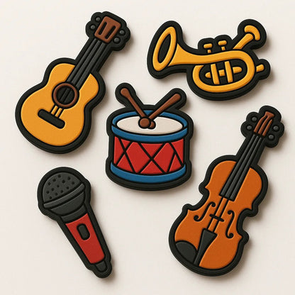 Example output from the Custom Rubber Charm Pack Makers ChatGPT prompt: playful rubber charms with bold cartoon designs, featuring expressive characters, spaced layout, and a clean white background for easy reuse. Music Instruments.